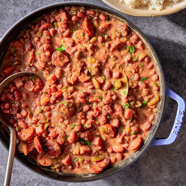 a creole classic with tender, creamy red beans stewed in smoked ham and andouille sausage and flavored with holy trinity vegetables, then served over steamed rice