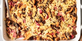 a cross between a reuben sandwich and stuffing, this 8 ingredient, one pan dinner features layers of corned beef, swiss cheese, sauerkraut, russian dressing, and pumpernickel rye swirled marble croutons