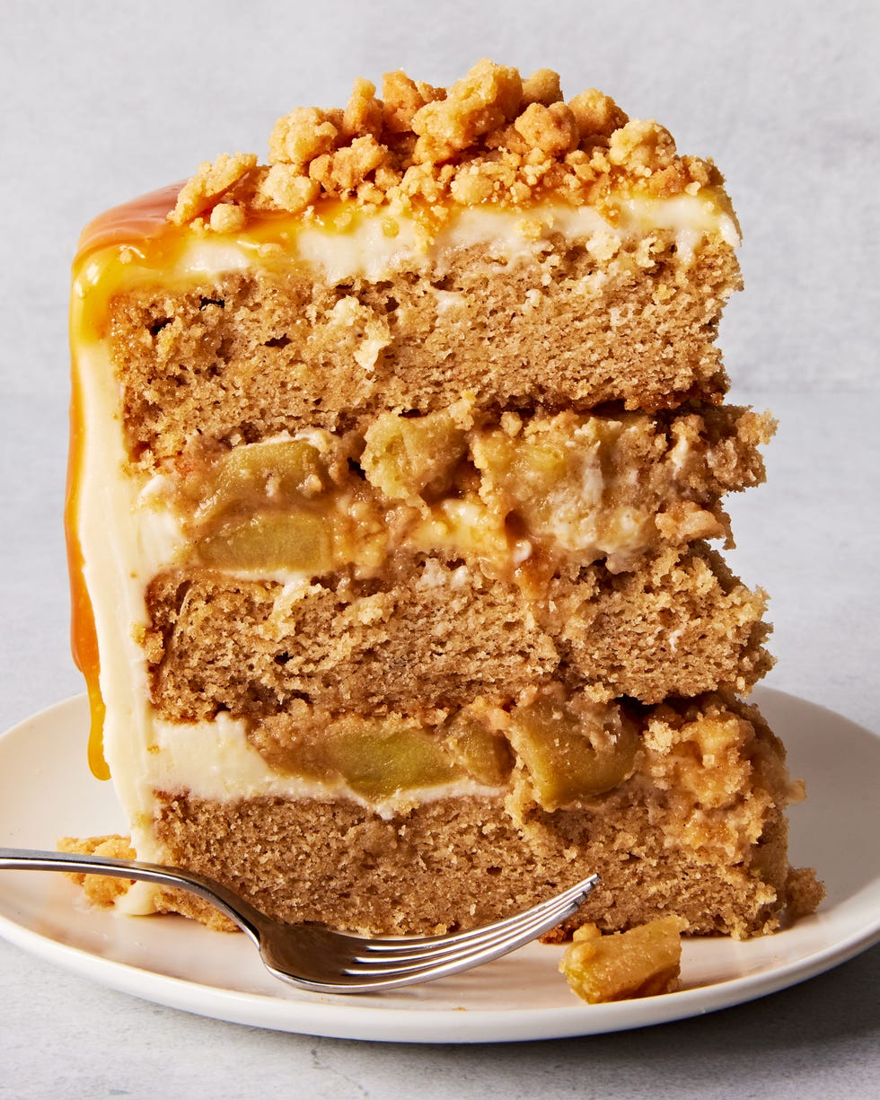 slice of salted caramel apple crumble cake on a plate