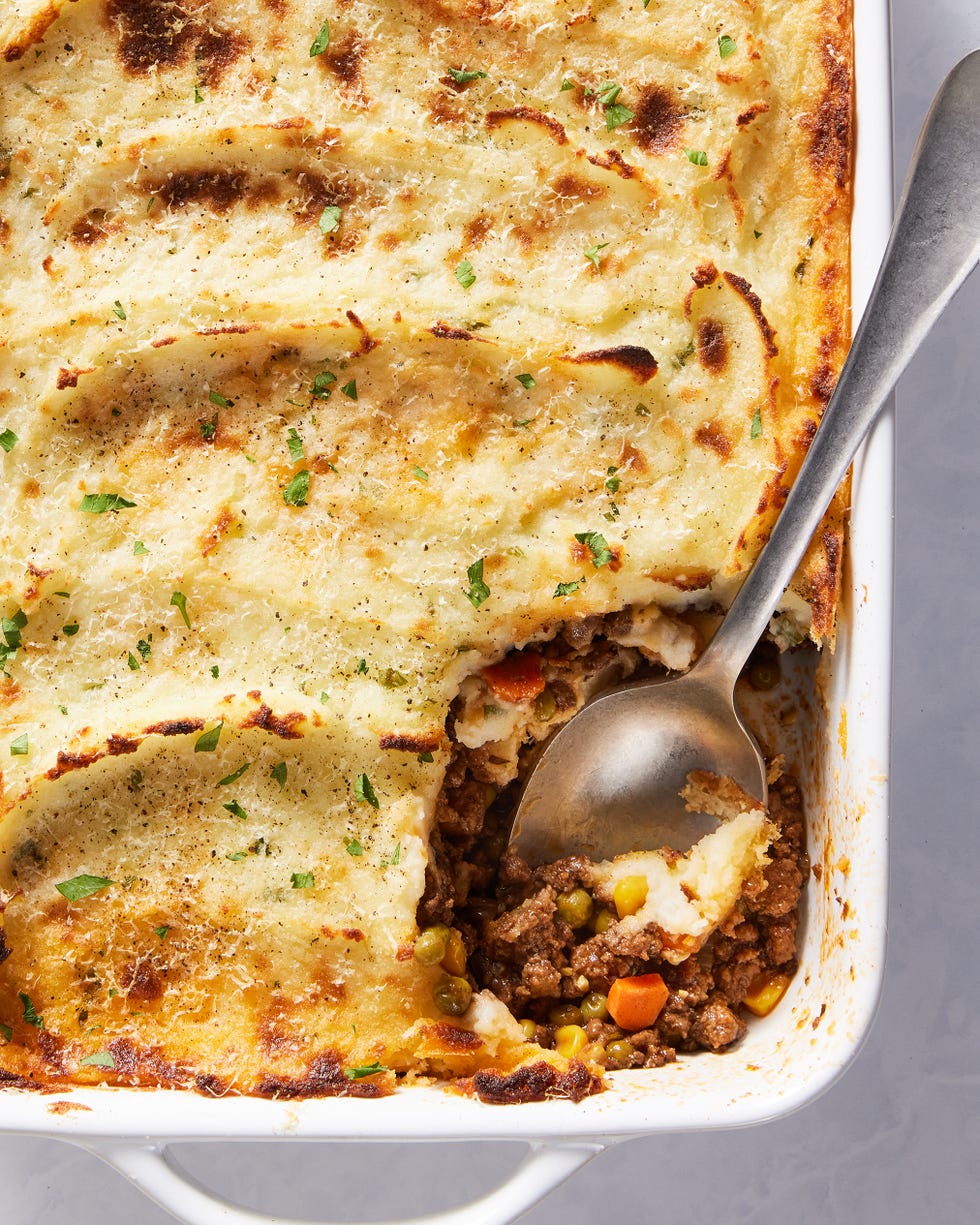 ground beef cooked with aromatics and red wine, then combined with corn and peas and covered with a blanket of velvety, rich mashed potatoes, then topped with parmesan and broiled until golden brown