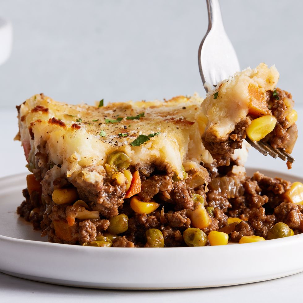 ground beef cooked with aromatics and red wine, then combined with corn and peas and covered with a blanket of velvety, rich mashed potatoes, then topped with parmesan and broiled until golden brown