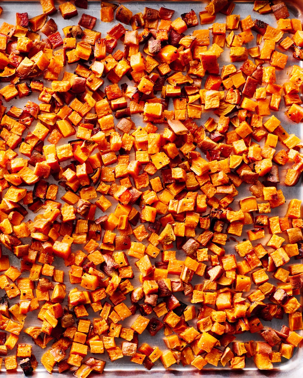 roasted sweet potatoes on a baking sheet