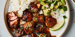 cajun and soy marinated salmon, seared and tossed in honey lime glaze, then served with a cooling cucumber avocado salad and steamed fluffy rice
