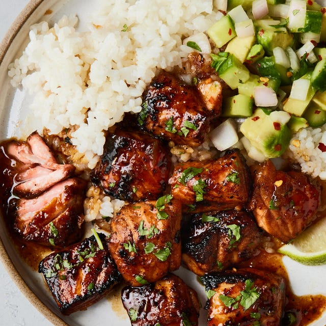 cajun and soy marinated salmon, seared and tossed in honey lime glaze, then served with a cooling cucumber avocado salad and steamed fluffy rice