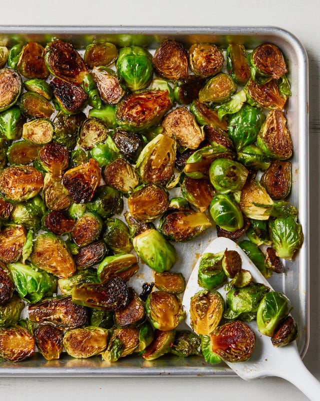caramelized brussels sprouts on a sheet pan