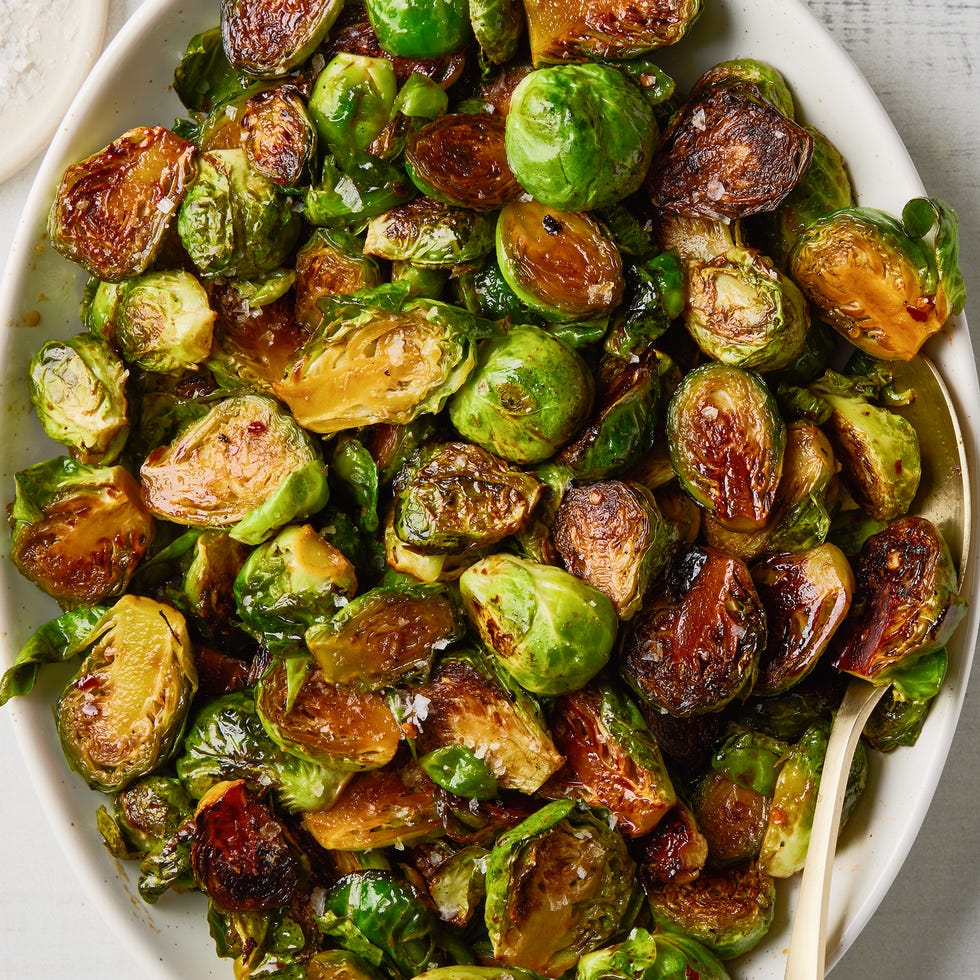 caramelized brussels sprouts on a white platter