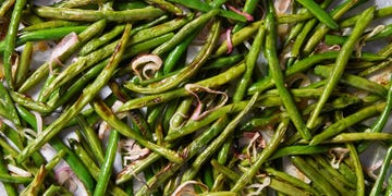 fresh green beans tossed with olive oil and shallots, then roasted until tender and lightly blistered