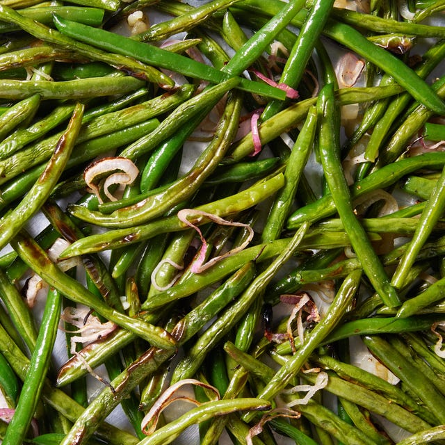 fresh green beans tossed with olive oil and shallots, then roasted until tender and lightly blistered