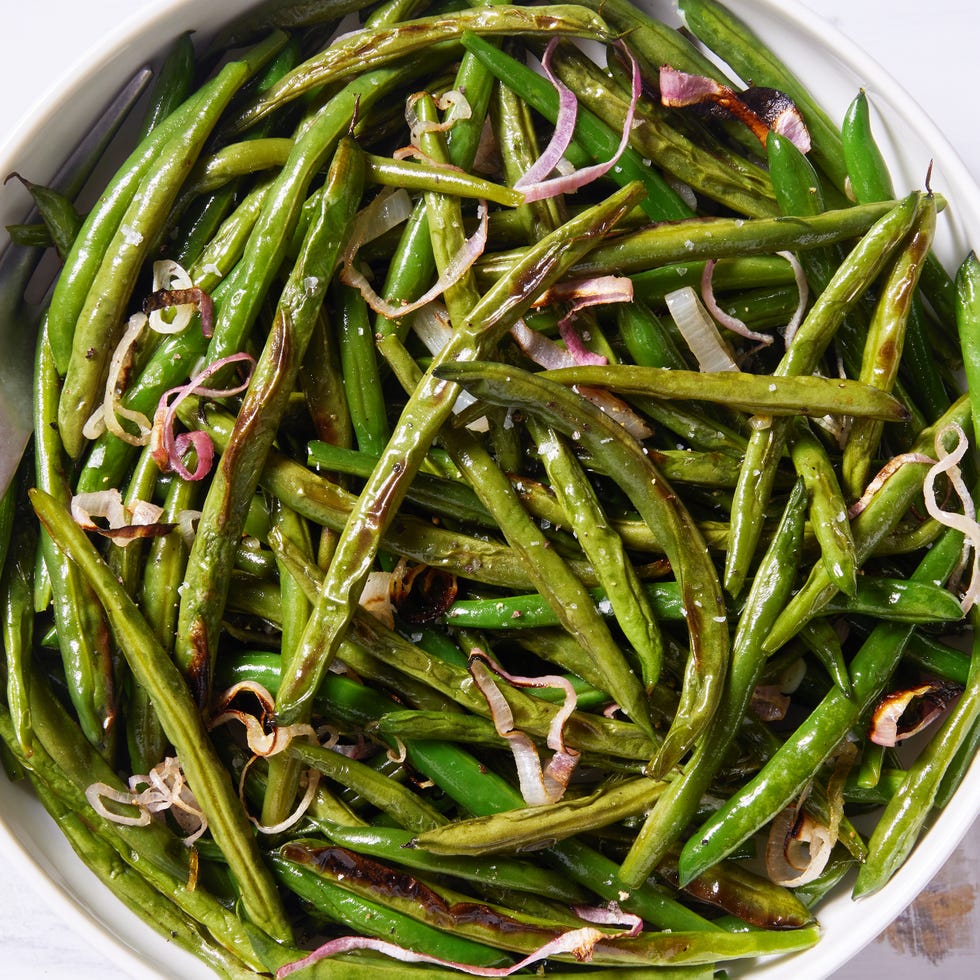 fresh green beans tossed with olive oil and shallots, then roasted until tender and lightly blistered
