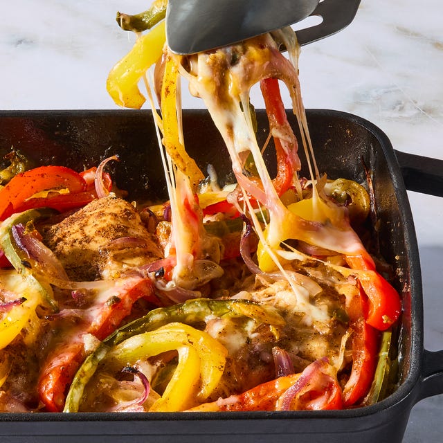chipotle chile and cumin seasoned chicken breast is nestled into fire roasted tomato rice topped with strips of jalapeno, bell pepper, and sweet red onion then smothered with a three cheese blend and baked