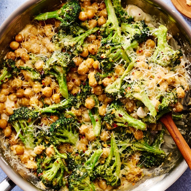 Chickpea & Broccoli Alfredo Skillet butter toasted chickpeas and seared broccoli are tossed in a rich alfredo style sauce made from heavy cream, shallots, garlic, and parmesan to create this 35 minute skillet dinner