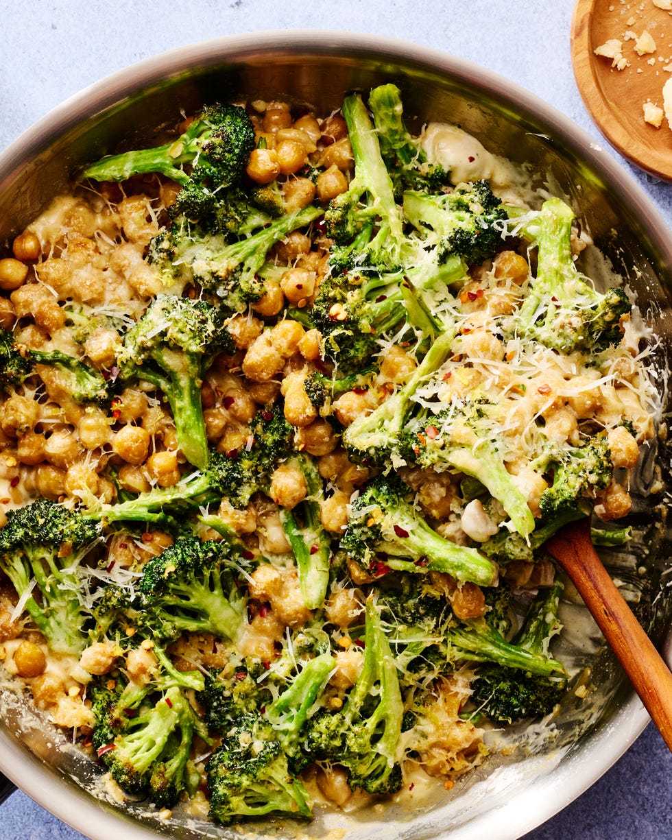 butter toasted chickpeas and seared broccoli are tossed in a rich alfredo style sauce made from heavy cream, shallots, garlic, and parmesan to create this 35 minute skillet dinner