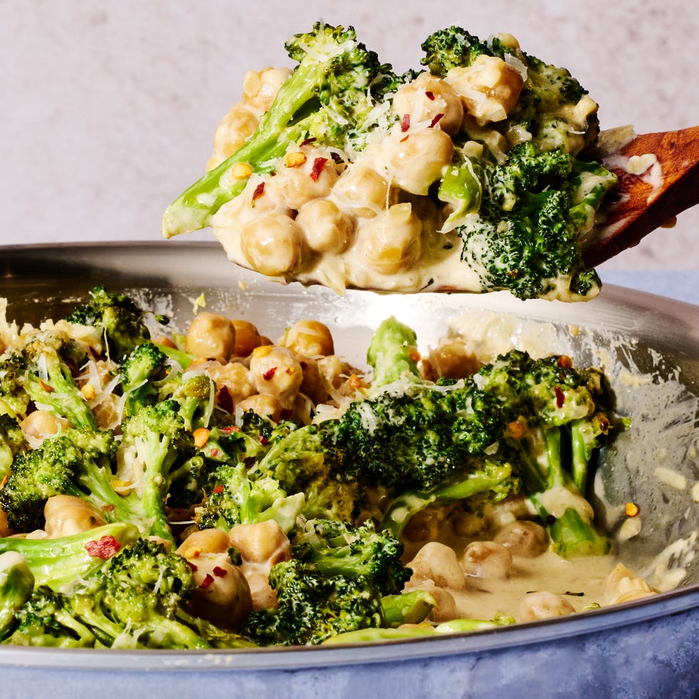 butter toasted chickpeas and seared broccoli are tossed in a rich alfredo style sauce made from heavy cream, shallots, garlic, and parmesan to create this 35 minute skillet dinner