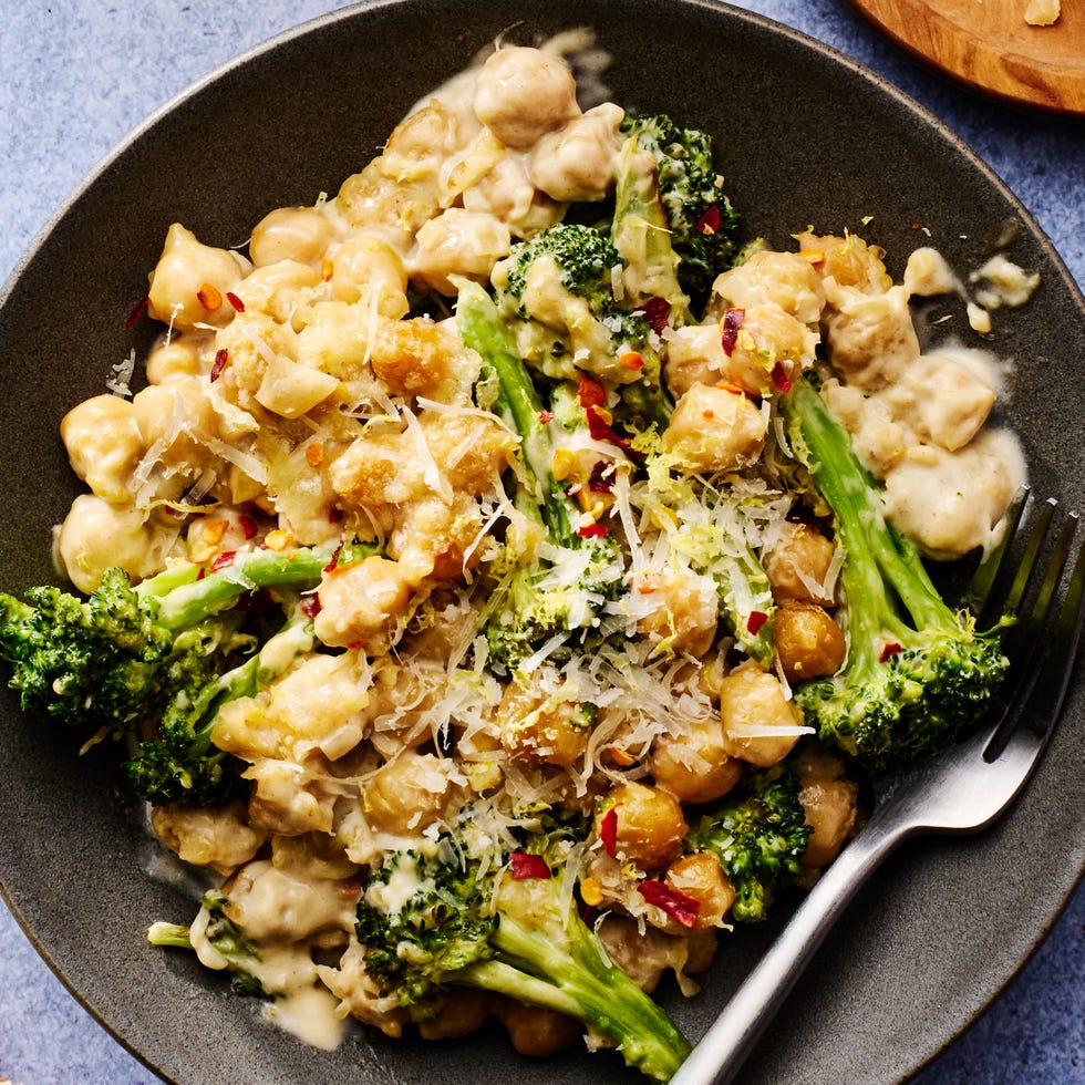 butter toasted chickpeas and seared broccoli are tossed in a rich alfredo style sauce made from heavy cream, shallots, garlic, and parmesan to create this 35 minute skillet dinner