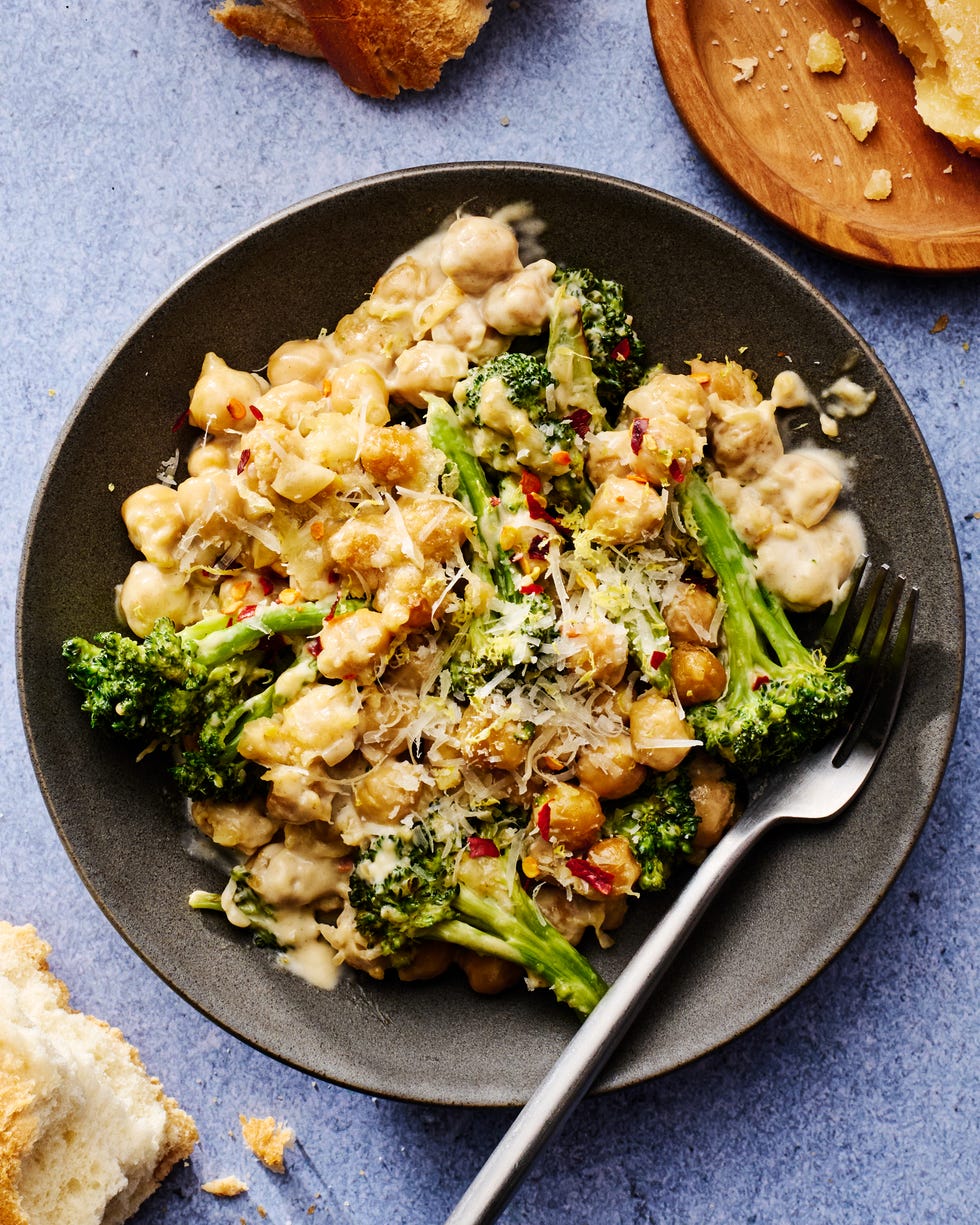 butter toasted chickpeas and seared broccoli are tossed in a rich alfredo style sauce made from heavy cream, shallots, garlic, and parmesan to create this 35 minute skillet dinner