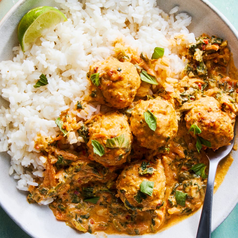 ginger, garlic, and scallion meatballs and a spicy red curry coconut sauce