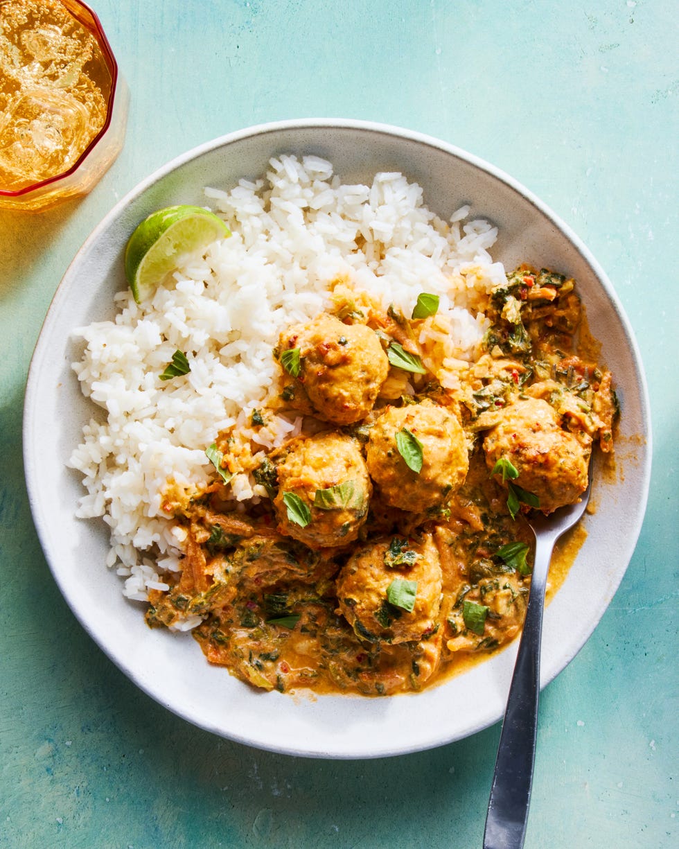 ginger, garlic, and scallion meatballs and a spicy red curry coconut sauce