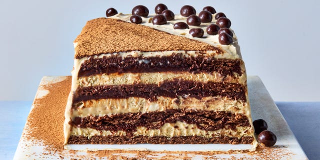 layers of chocolate graham cracker, coffee chocolate ganache, and espresso whipped cream