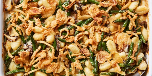 blanched fresh green beans and buttery sliced mushrooms, onions, and garlic get tossed with a creamy bechamel sauce and pillowy gnocchi then baked until bubbly