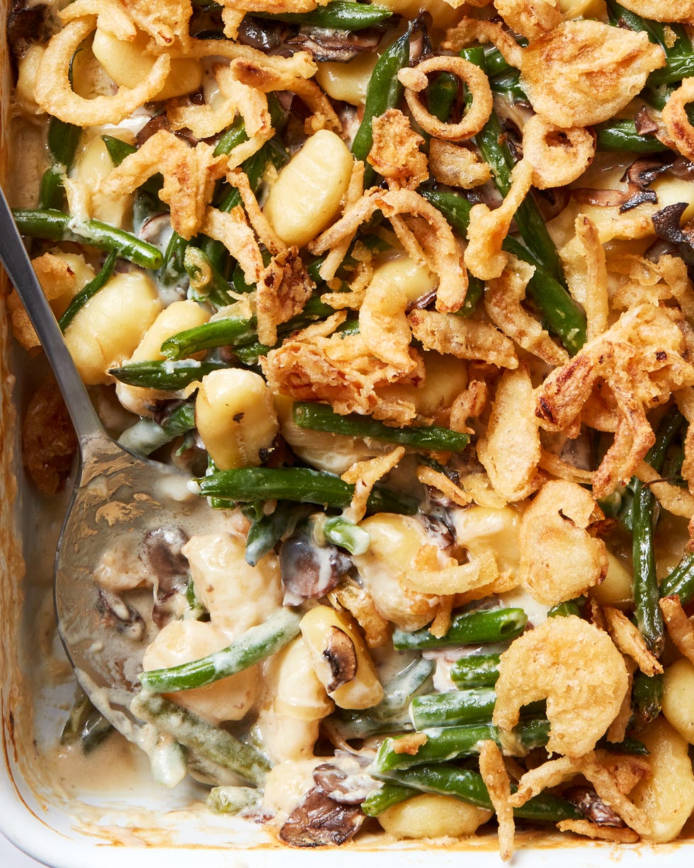 blanched fresh green beans and buttery sliced mushrooms, onions, and garlic get tossed with a creamy bechamel sauce and pillowy gnocchi then baked until bubbly