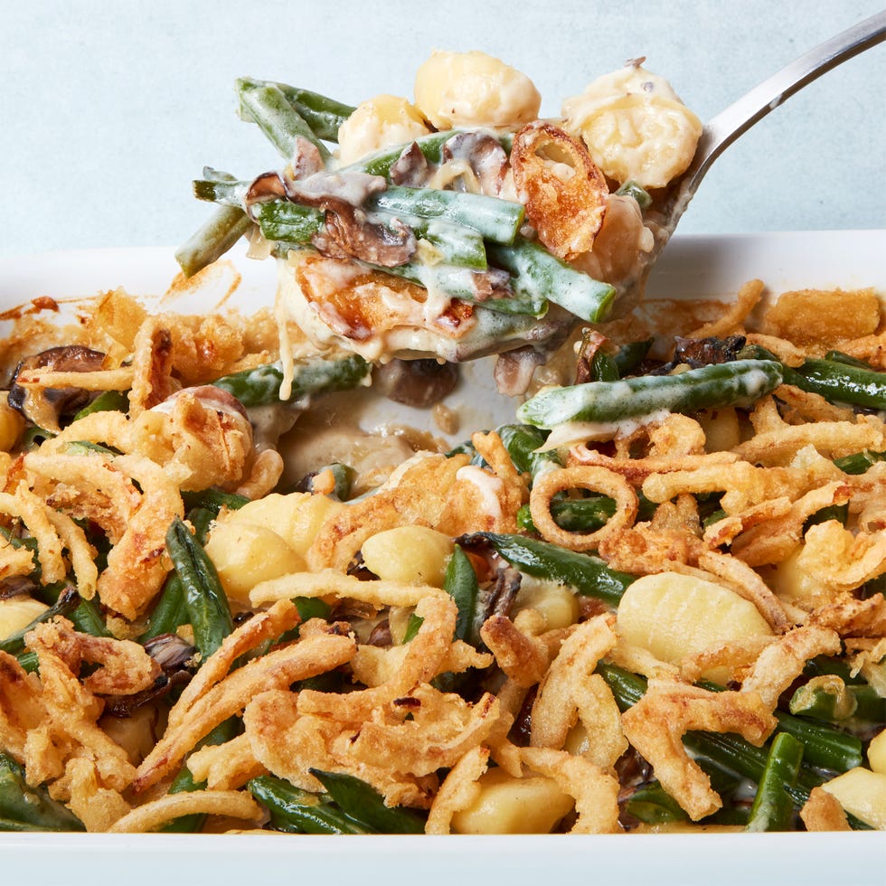 blanched fresh green beans and buttery sliced mushrooms, onions, and garlic get tossed with a creamy bechamel sauce and pillowy gnocchi then baked until bubbly