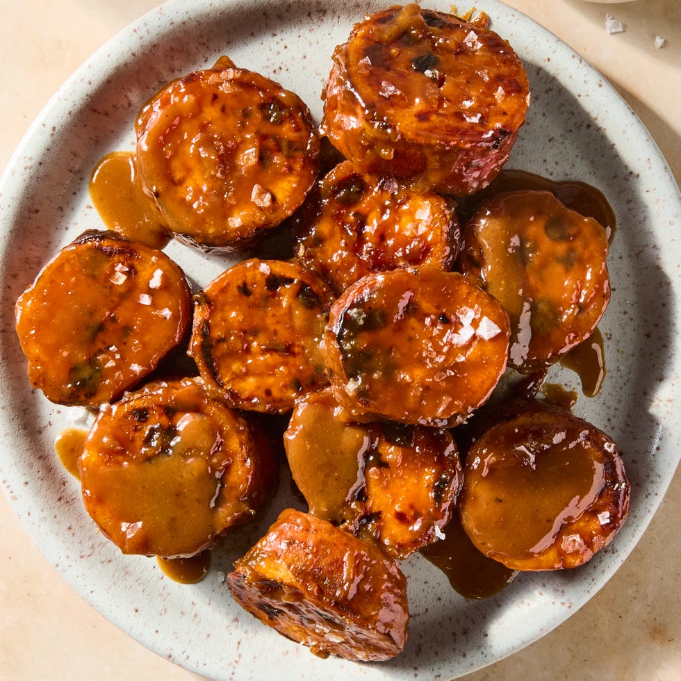 melting sweet potatoes topped with miso maple butter glaze and flaky salt