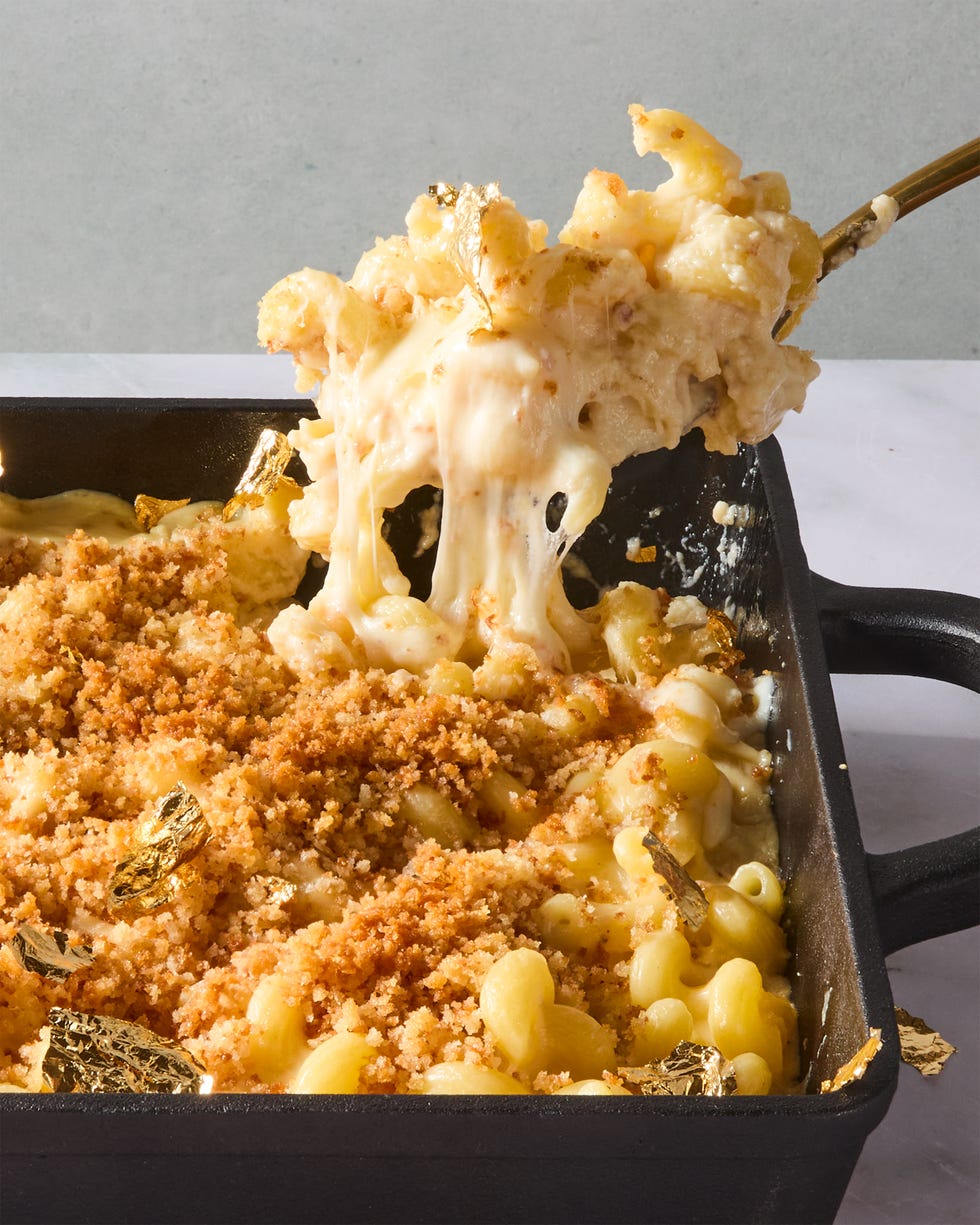 million dollar mac and cheese topped with crispy panko lifted from a pan