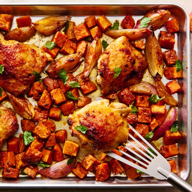 Sheet Pan Miso Chicken & Sweet Potatoes bone in chicken thighs, sweet potatoes, and shallots get smothered with miso chili sauce and baked until the sweet potatoes are tender and caramelized and the chicken is juicy and golden brown