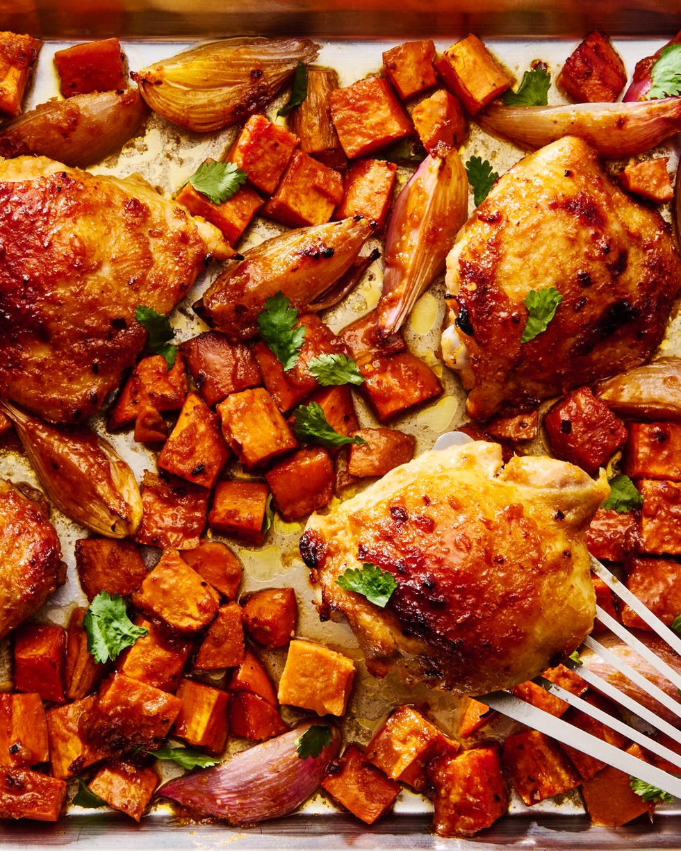 bone in chicken thighs, sweet potatoes, and shallots get smothered with miso chili sauce and baked until the sweet potatoes are tender and caramelized and the chicken is juicy and golden brown