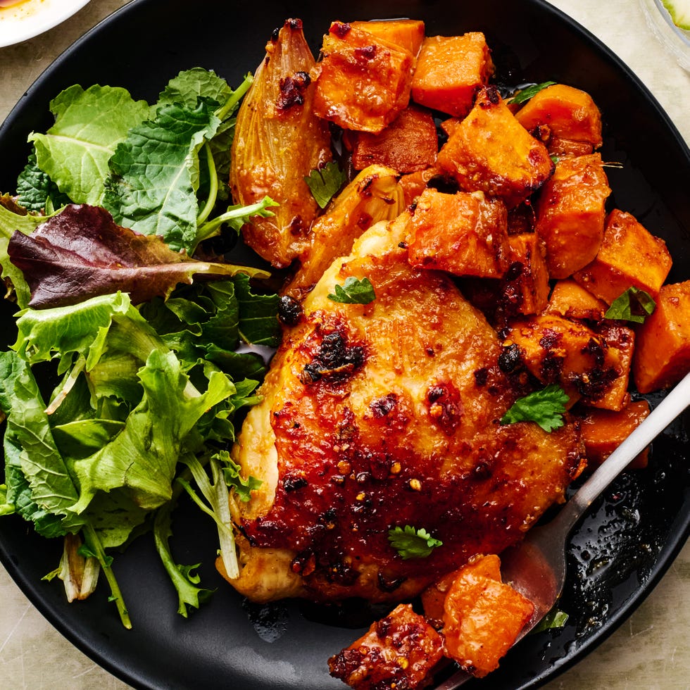 bone in chicken thighs, sweet potatoes, and shallots get smothered with miso chili sauce and baked until the sweet potatoes are tender and caramelized and the chicken is juicy and golden brown