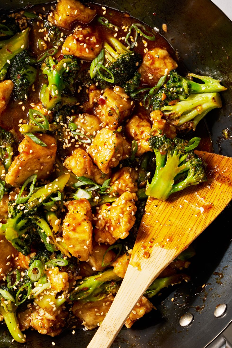 crispy baked tofu tossed with a sweet and savory chili spiked sesame sauce and crisp tender broccoli