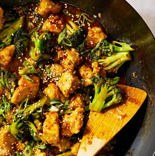 crispy baked tofu tossed with a sweet and savory chili spiked sesame sauce and crisp tender broccoli