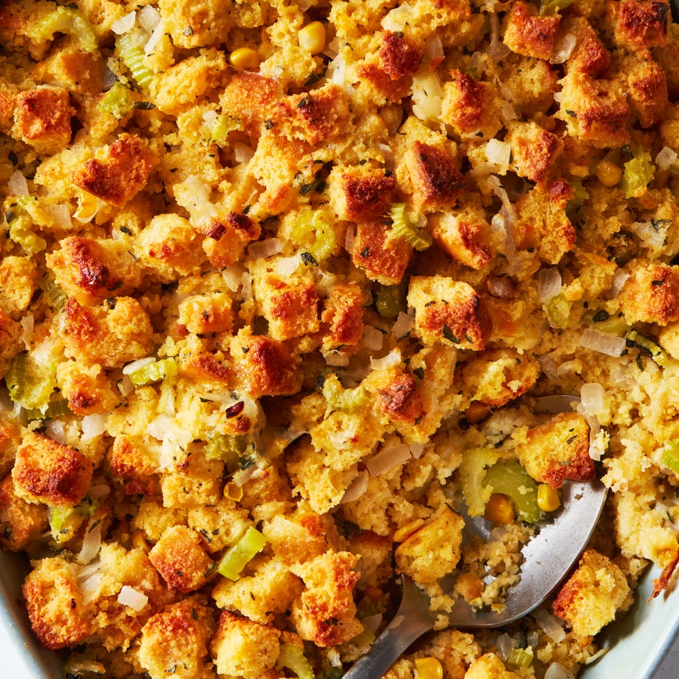 cornbread stuffing in an oval casserole dish