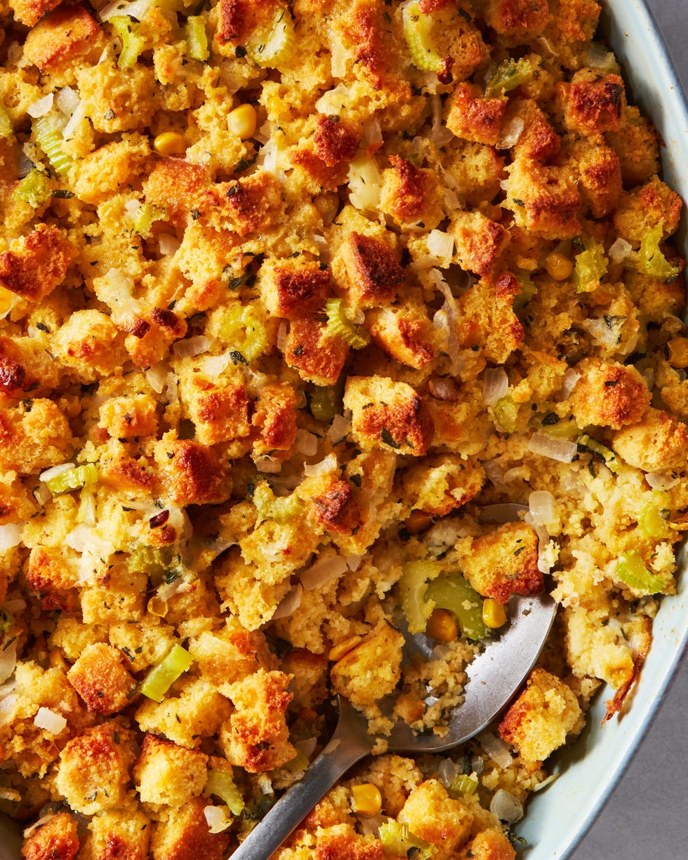 cornbread stuffing in an oval casserole dish