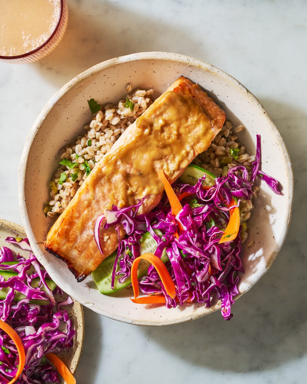 miso glazed salmon served with cucumber carrot salad and charred scallion vinaigrette over cooked farro