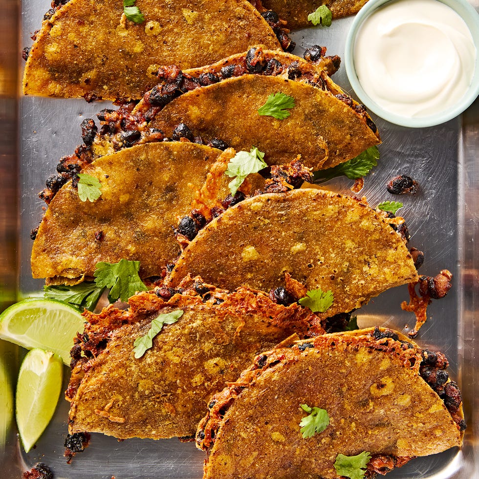 crispy sheet pan black bean tacos on a sheet pan