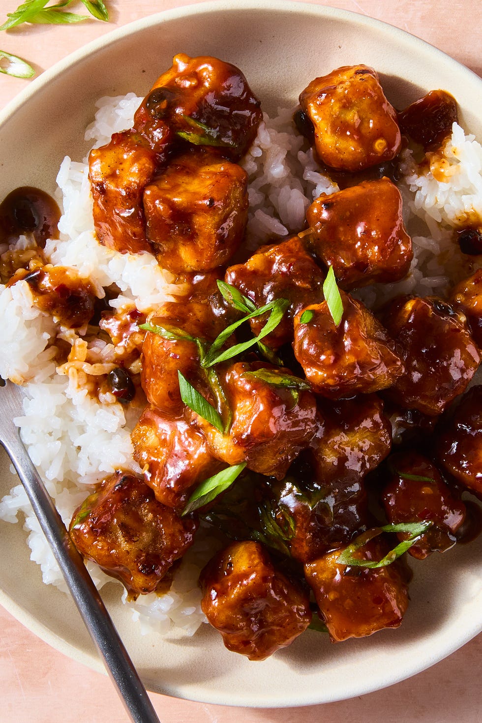 Chili crisp fried tofu chili crisp fried tofu on rice in a bowl topped with scallions