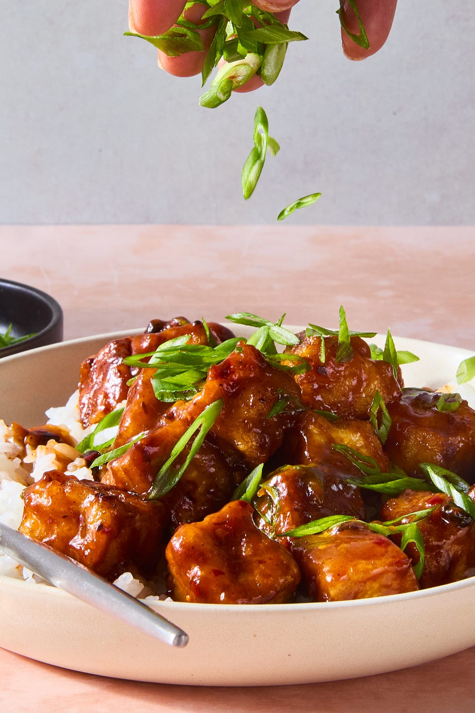 Chili crisp fried tofu chili crisp fried tofu in a bowl on top of rice topped with scallions