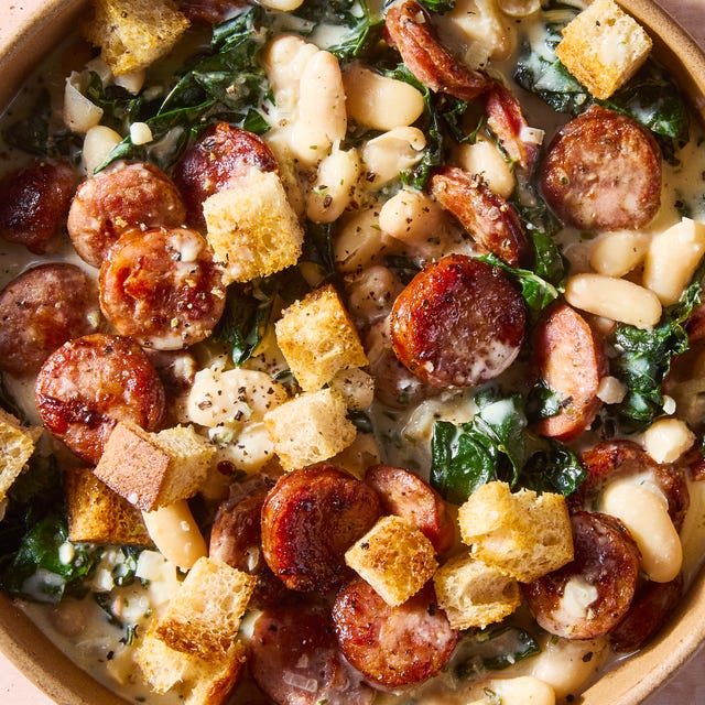 seared smoked sausage smothered in a creamy boursin sauce tossed with tender cannellini beans and kale hen topped with crunchy homemade mini croutons