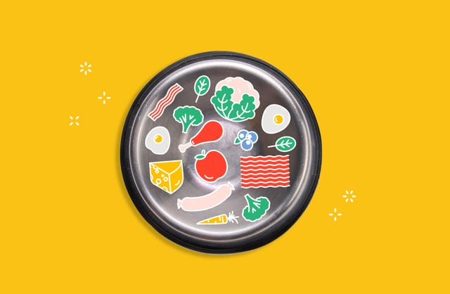dog bowl filled with illustrations of foods