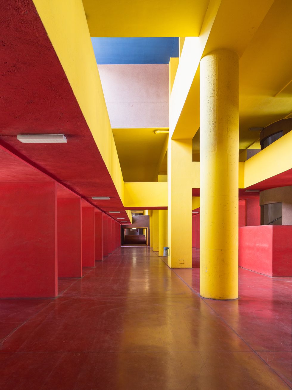 Yellow, Architecture, Column, Red, Lobby, Orange, Building, Floor, Interior design, Ceiling, 
