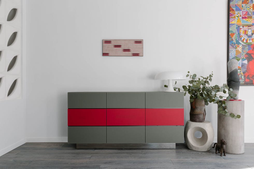 Modern interior featuring a cabinet and decorative elements