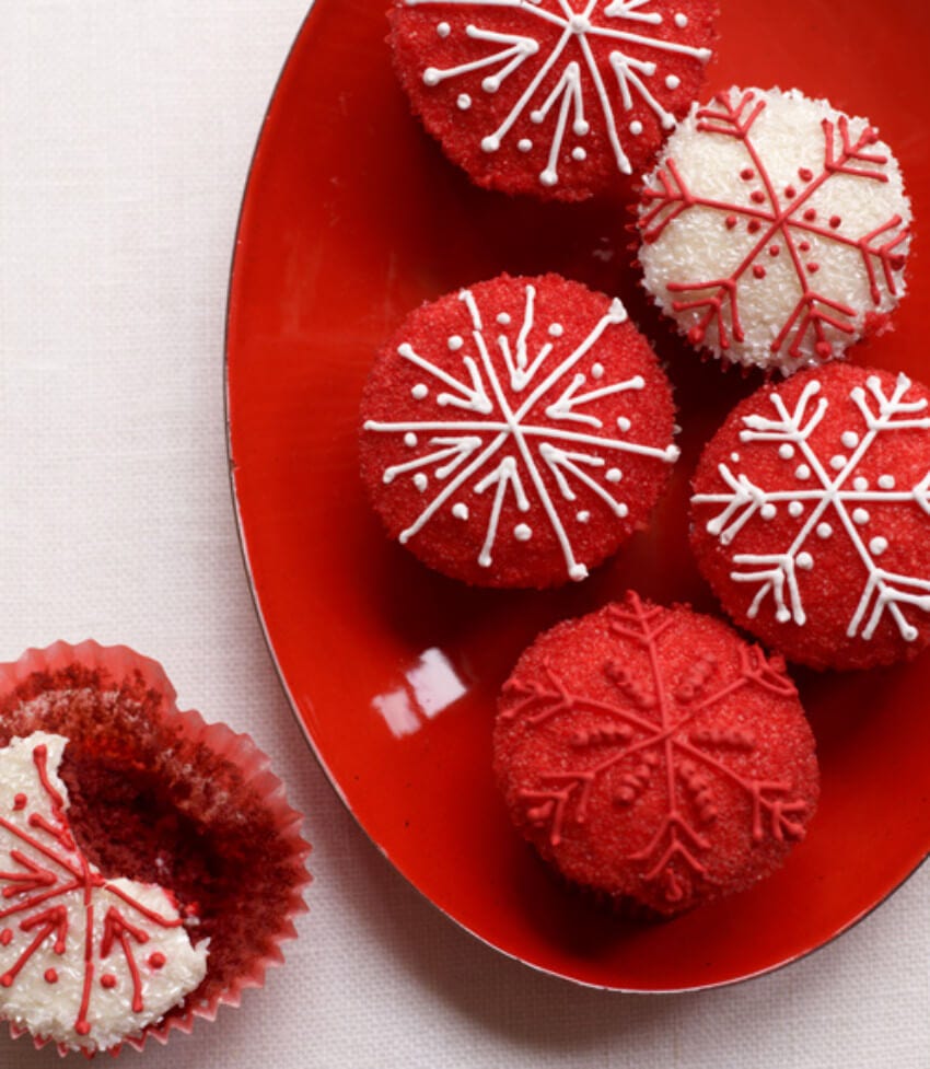 red velvet christmas cupcakes on red plate