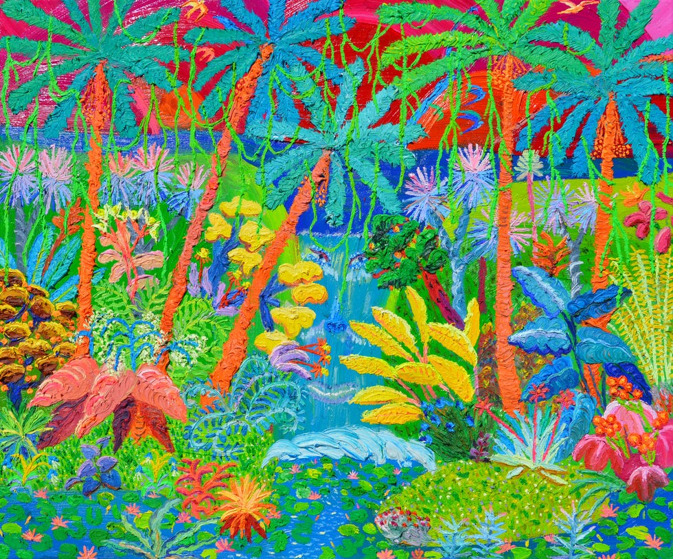 vibrant tropical landscape with colorful plants and water