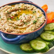 baba ghanouj, dip with carrots and cucumbers