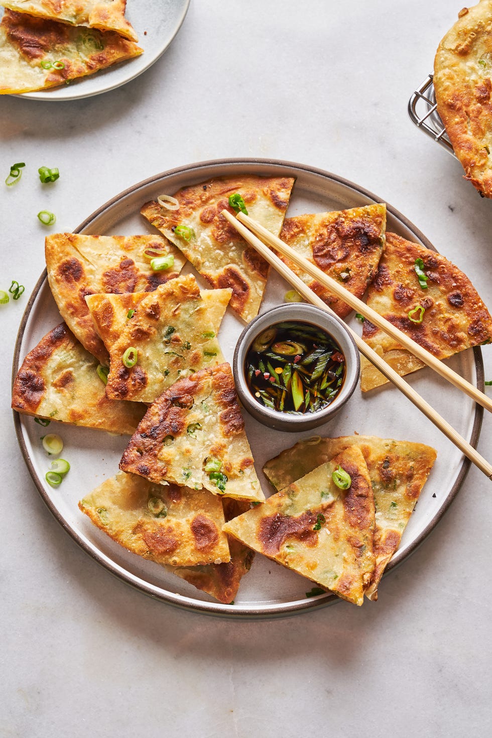 scallion pancakes with soy dipping sauce