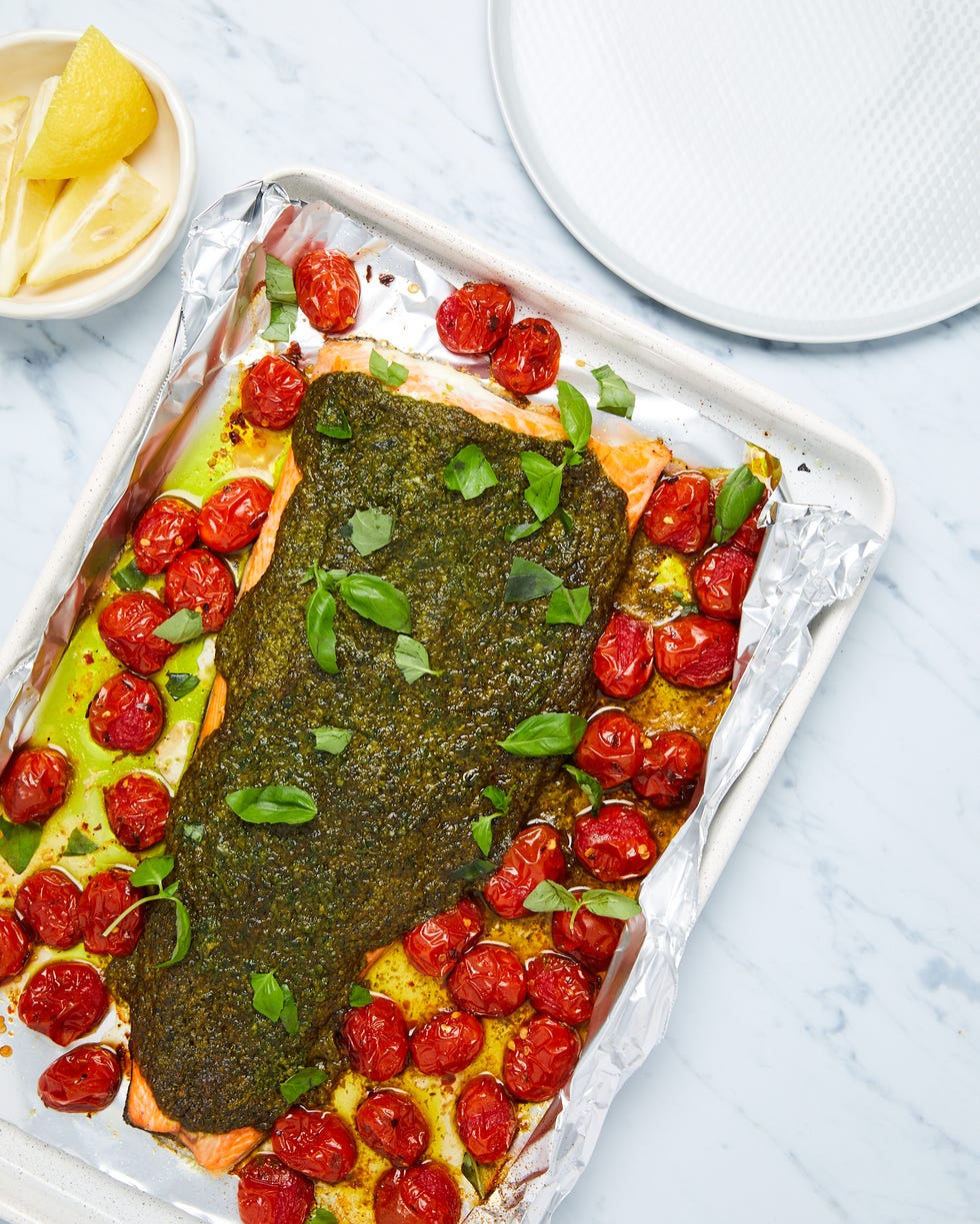 slow roasted pesto salmon