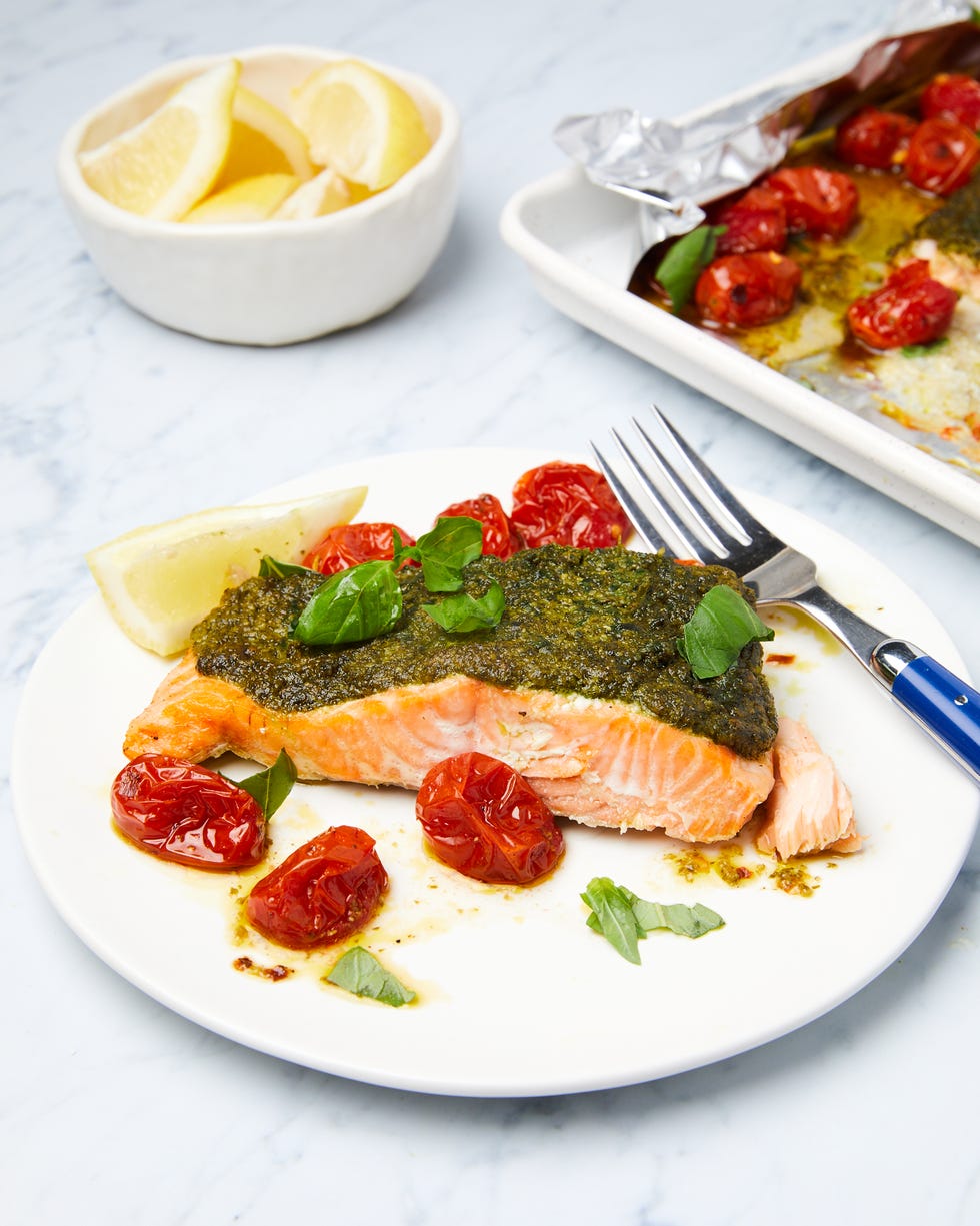 slow roasted pesto salmon