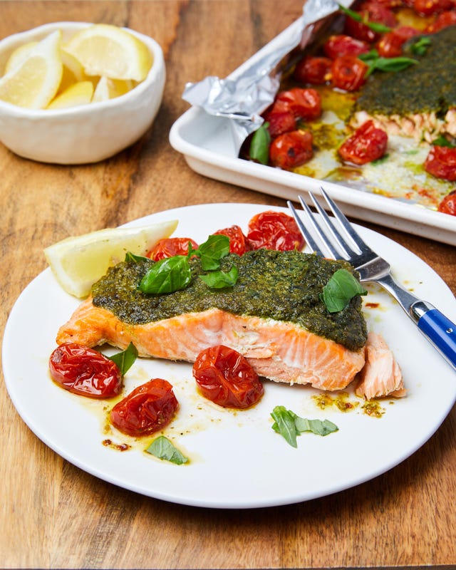 slow roasted pesto salmon