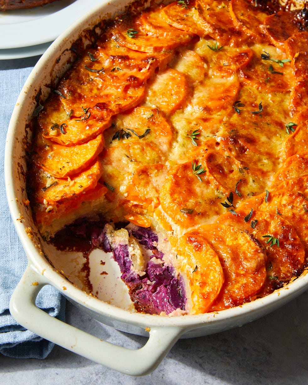 tri color sweet potato gratin with gruyere and thyme